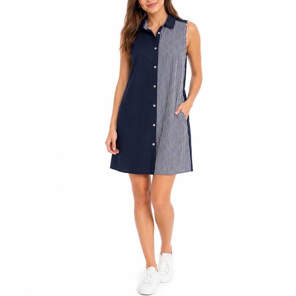 C Wonder Womens Large Navy Blue Striped Colorblock Sleeveless Shirt Dress L